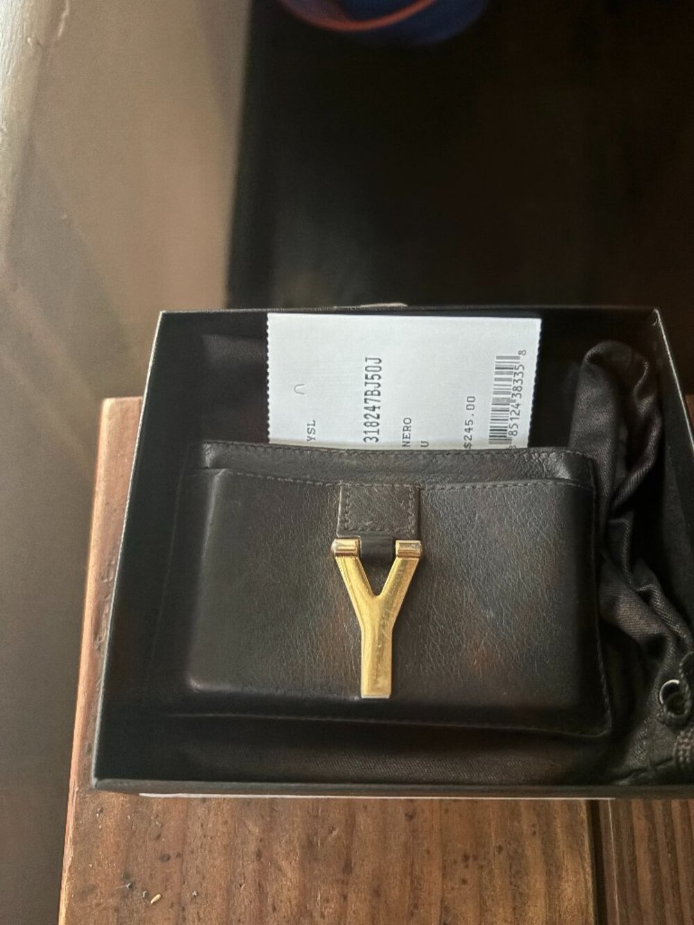 Saint Laurent YSL Y-Line Black Leather Gold Y Card Holder Wallet